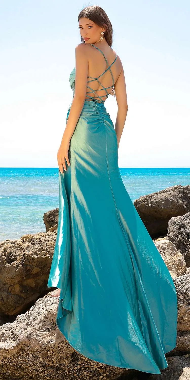 Amelia Couture BZ020 Long Fitted Sheer Bustier Bodice High Slit Dress