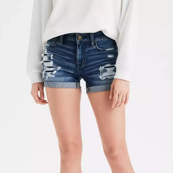 AMERICAN EAGLE Next Level Stretch Distressed Patched Midi Shorts Size 0