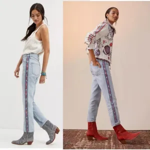 Anthropologie Pilcro The Vintage Straight Leg Light Wash Aztec Design Side Jeans