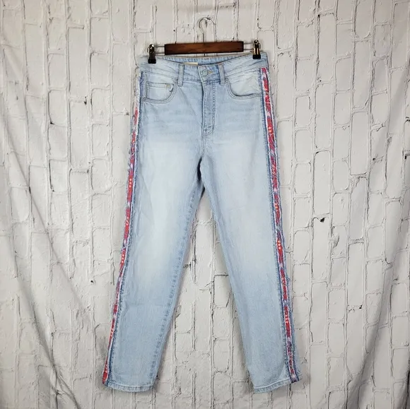 Anthropologie Pilcro The Vintage Straight Leg Light Wash Aztec Design Side Jeans