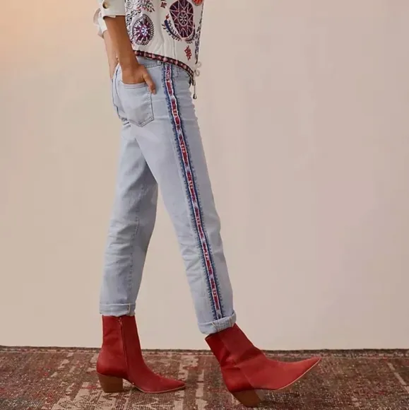 Anthropologie Pilcro The Vintage Straight Leg Light Wash Aztec Design Side Jeans