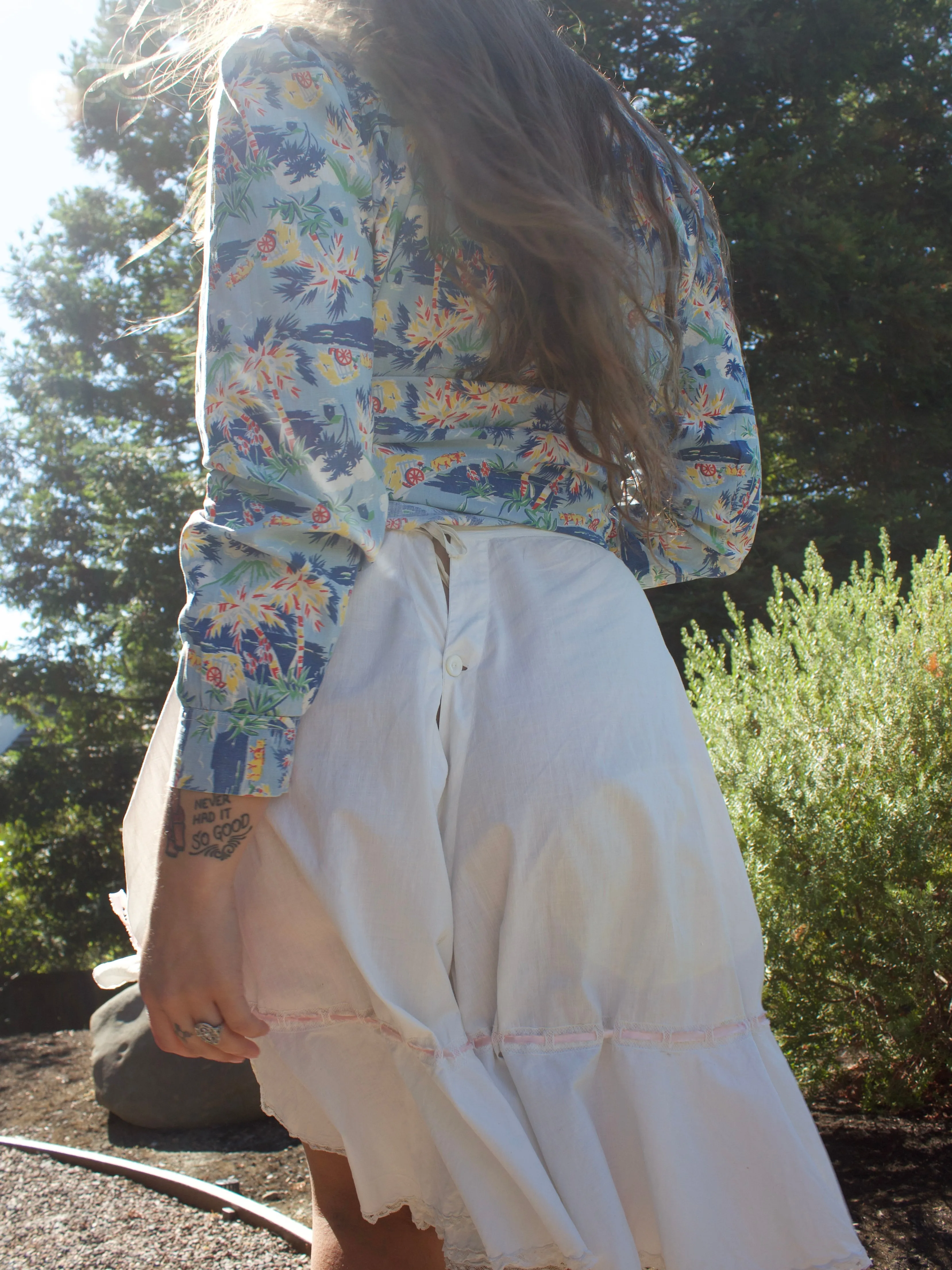 Antique Tie Waist Split Hem Cotton Bloomers w/ Ribbons