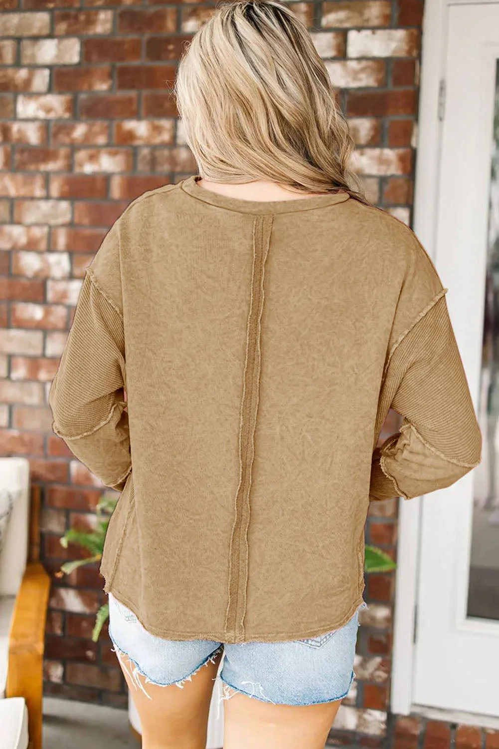 Apricot khaki Exposed Seamed High Low Raw Edge Sweatshirt