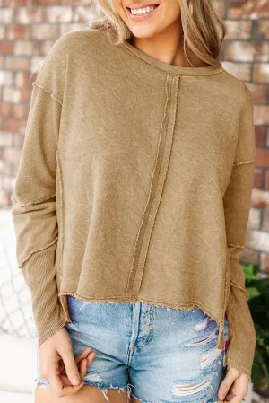 Apricot khaki Exposed Seamed High Low Raw Edge Sweatshirt