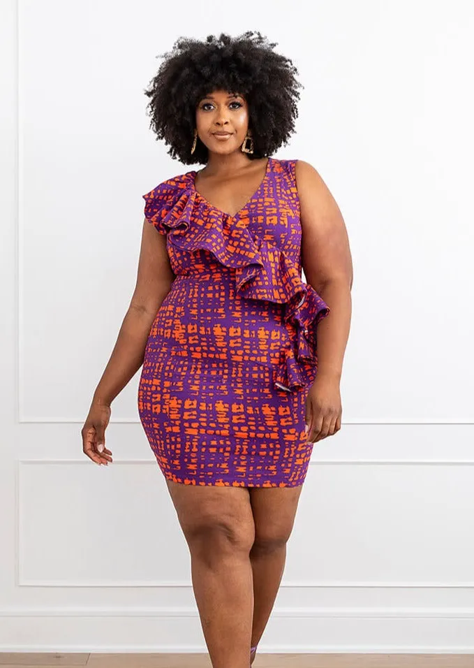 Aretta Women's African Print Stretch Dress (Purple Tangerine Adire)-Clearance