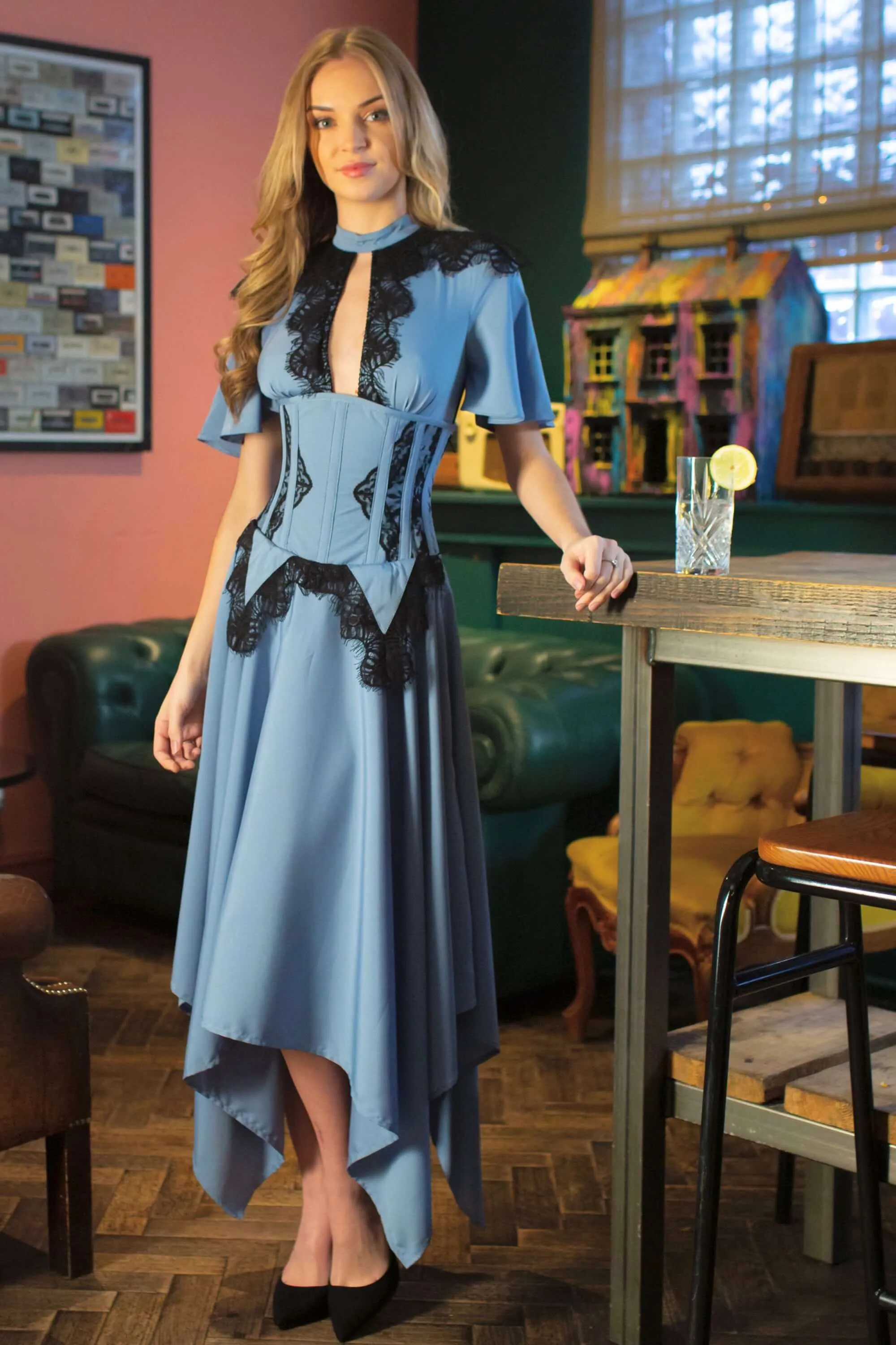 Baby Blue Corset Dress with Lace Trim