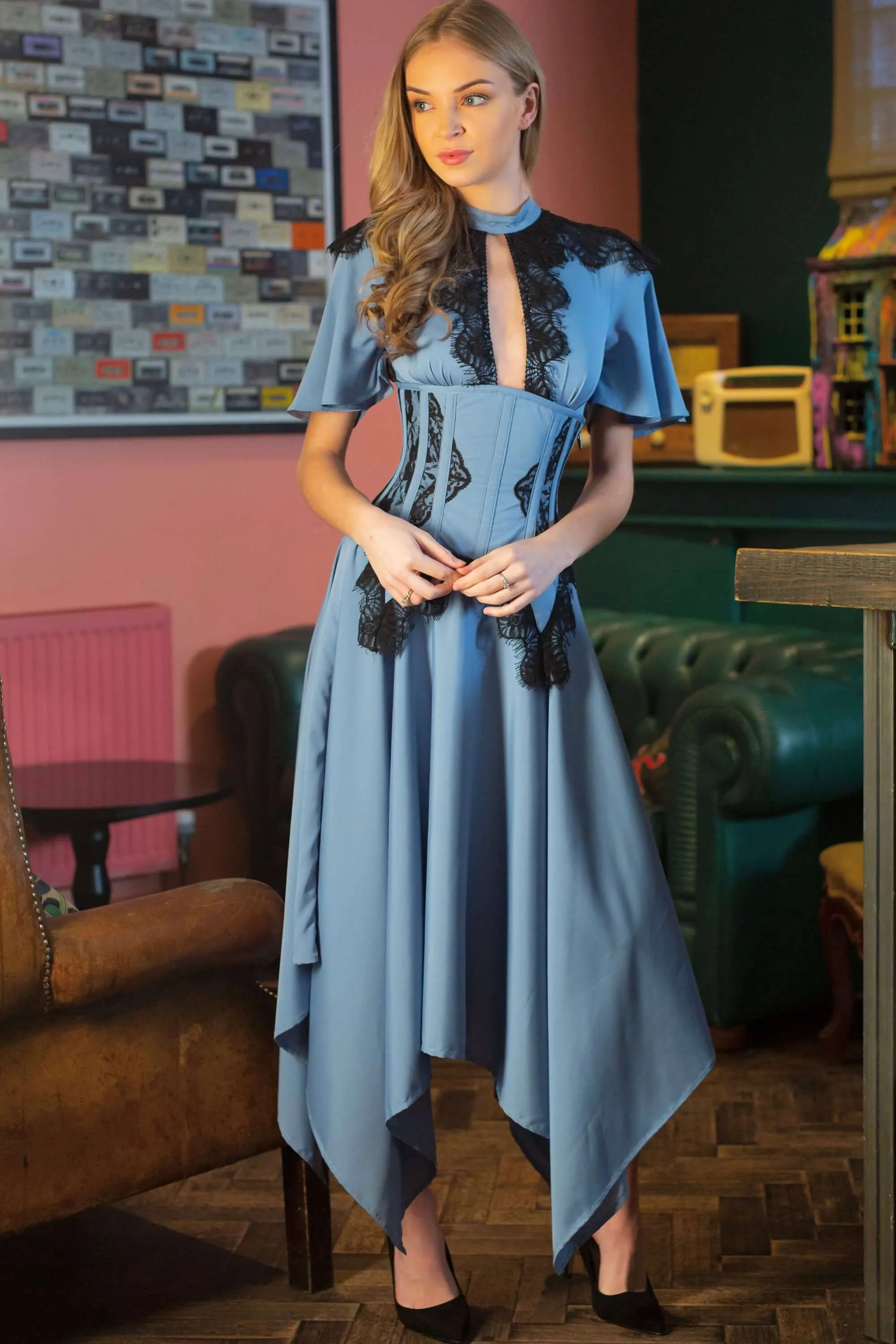 Baby Blue Corset Dress with Lace Trim