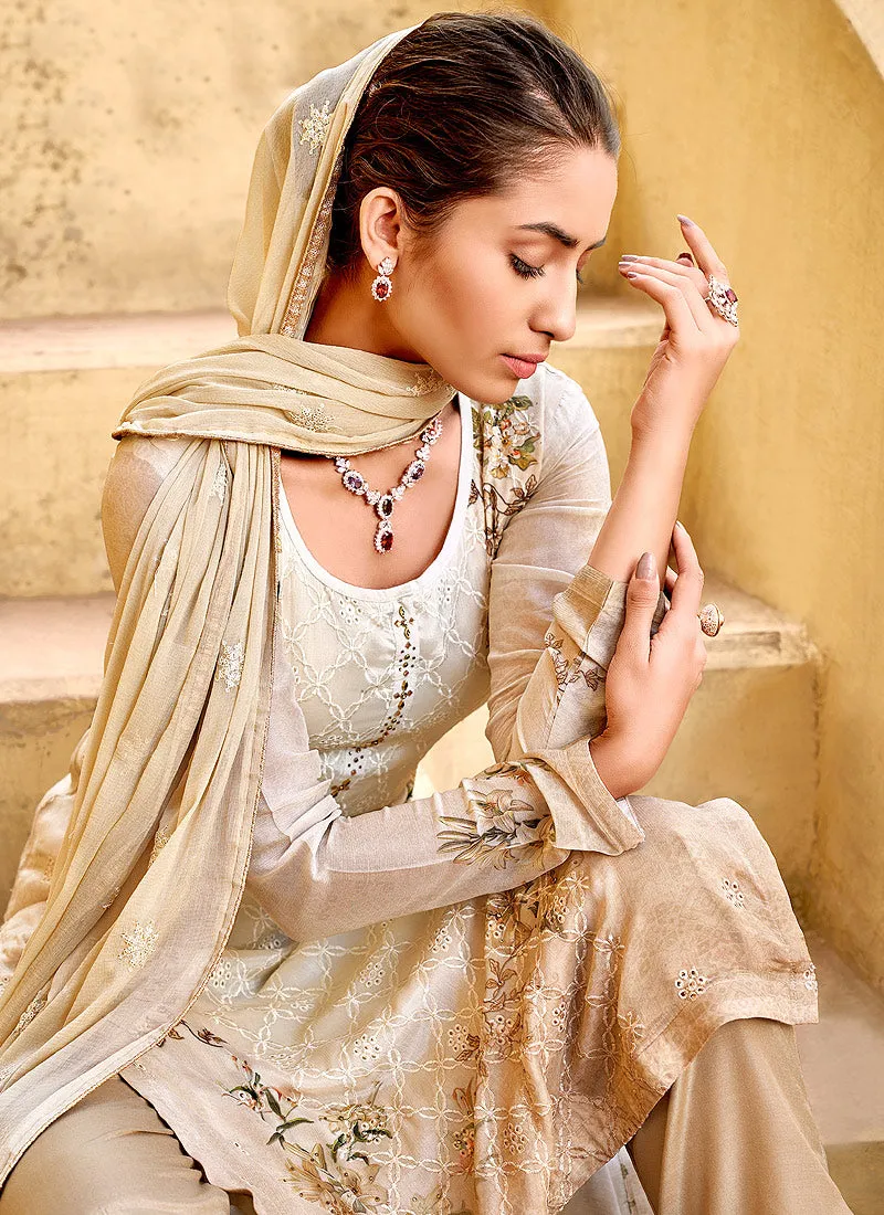 Beige Chikankari Embroidered Pant Style Suit