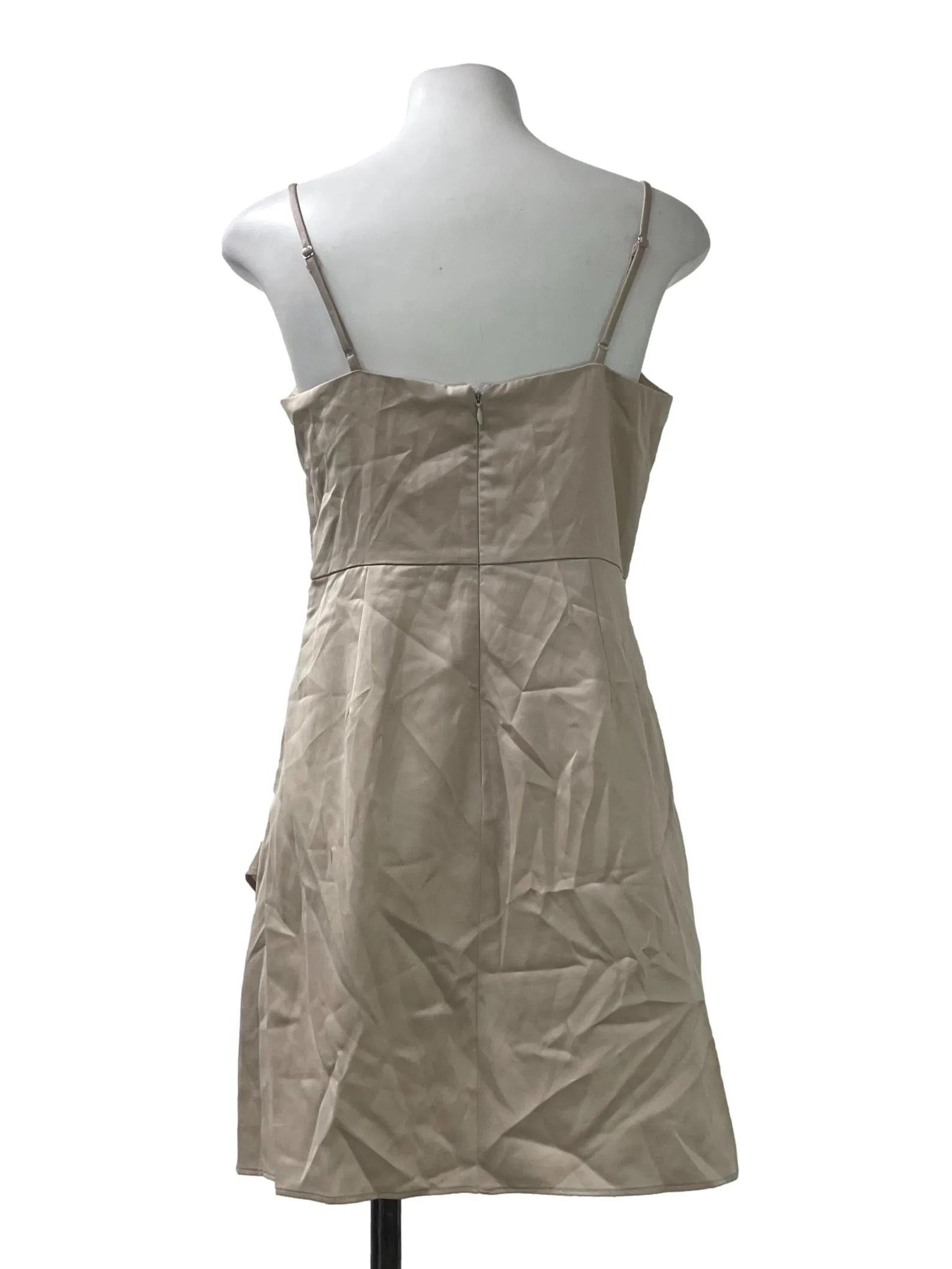 Beige Satin Ruched Square Neck Dress