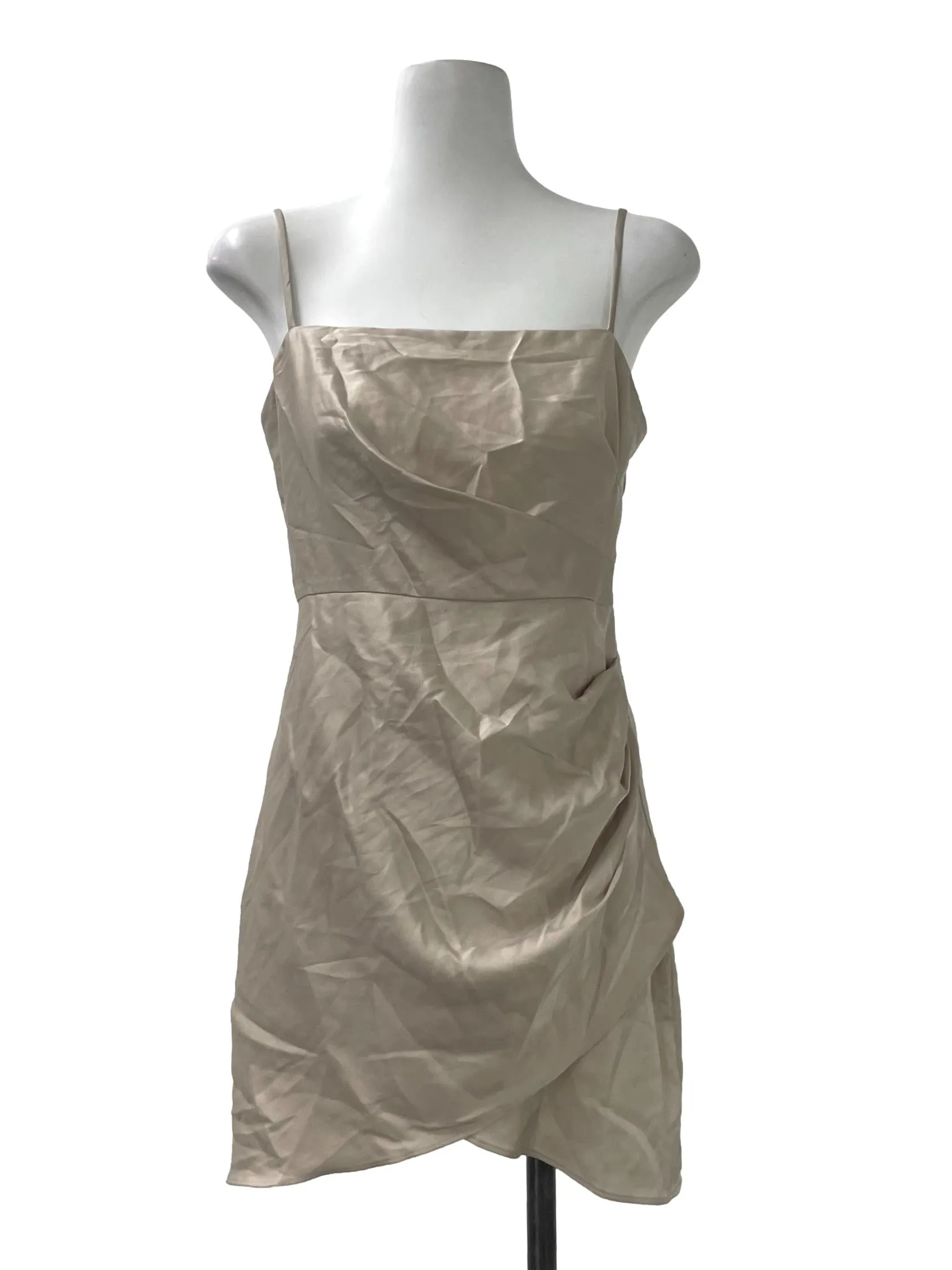 Beige Satin Ruched Square Neck Dress