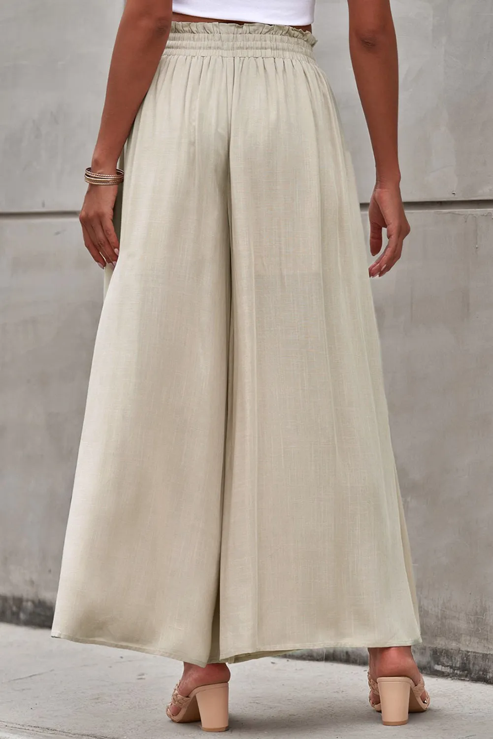 Beige Wide Leg Drawstring Smocked High Waist Pants