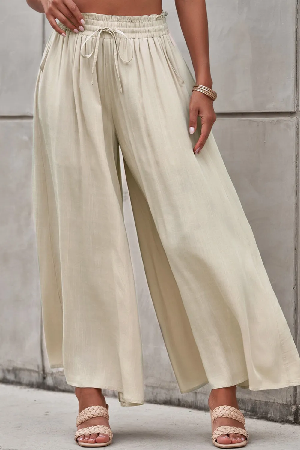 Beige Wide Leg Drawstring Smocked High Waist Pants