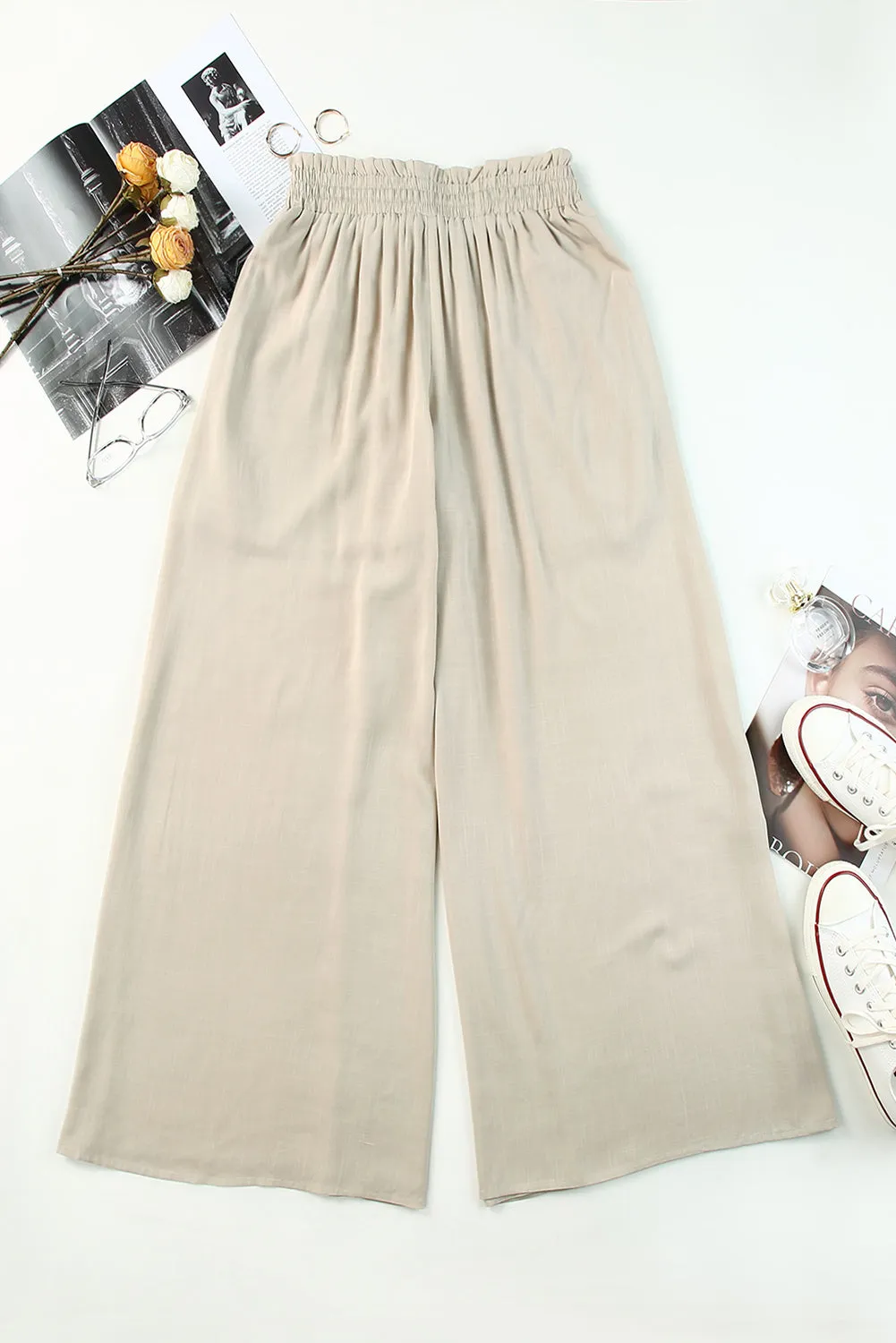 Beige Wide Leg Drawstring Smocked High Waist Pants