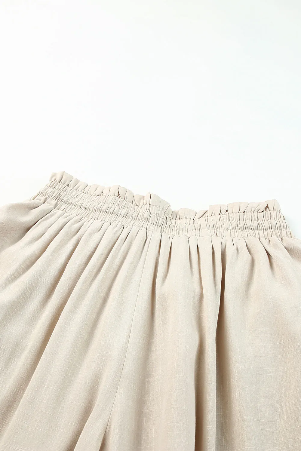 Beige Wide Leg Drawstring Smocked High Waist Pants