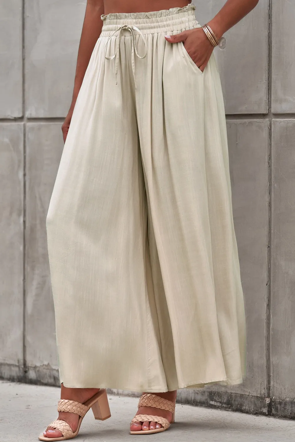 Beige Wide Leg Drawstring Smocked High Waist Pants