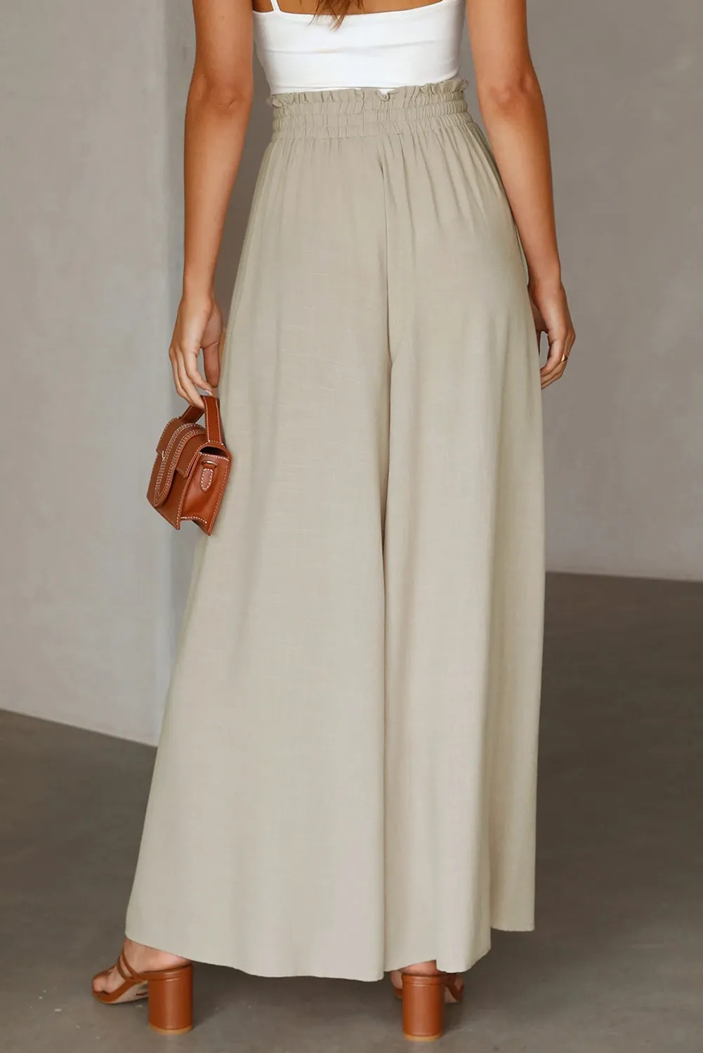 Beige Wide Leg Drawstring Smocked High Waist Pants
