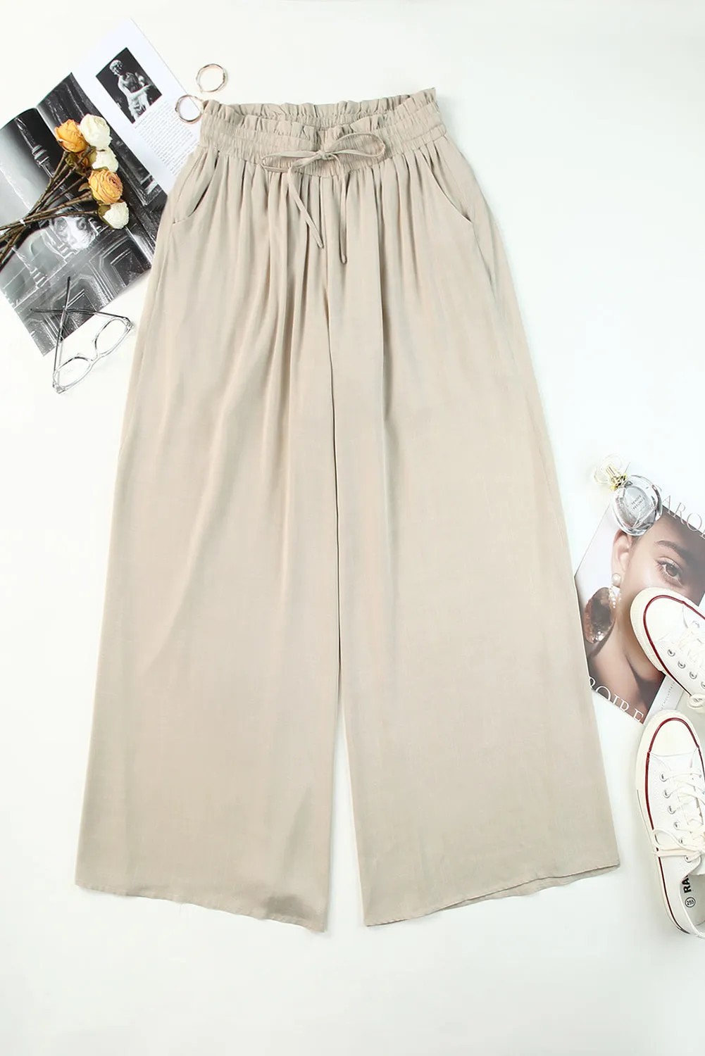Beige Wide Leg Drawstring Smocked High Waist Pants