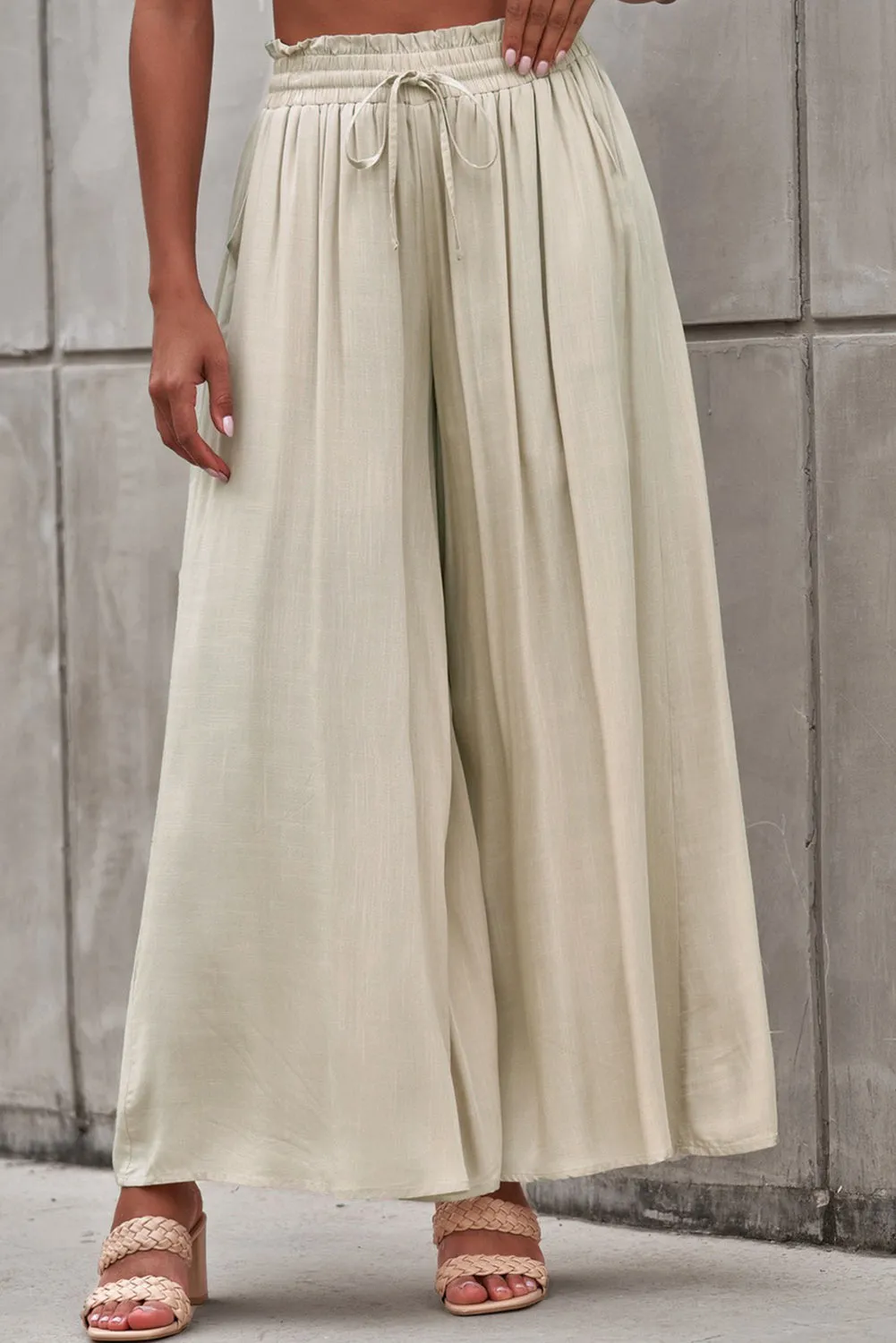 Beige Wide Leg Drawstring Smocked High Waist Pants