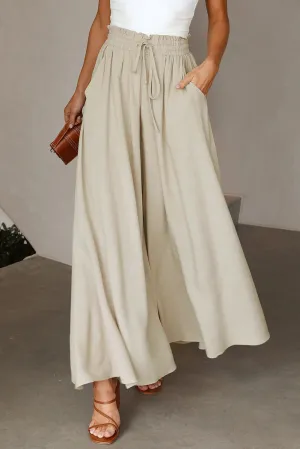 Beige Wide Leg Drawstring Smocked High Waist Pants