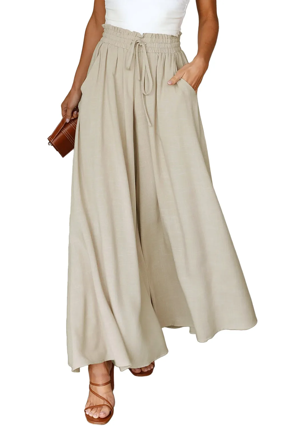 Beige Wide Leg Drawstring Smocked High Waist Pants