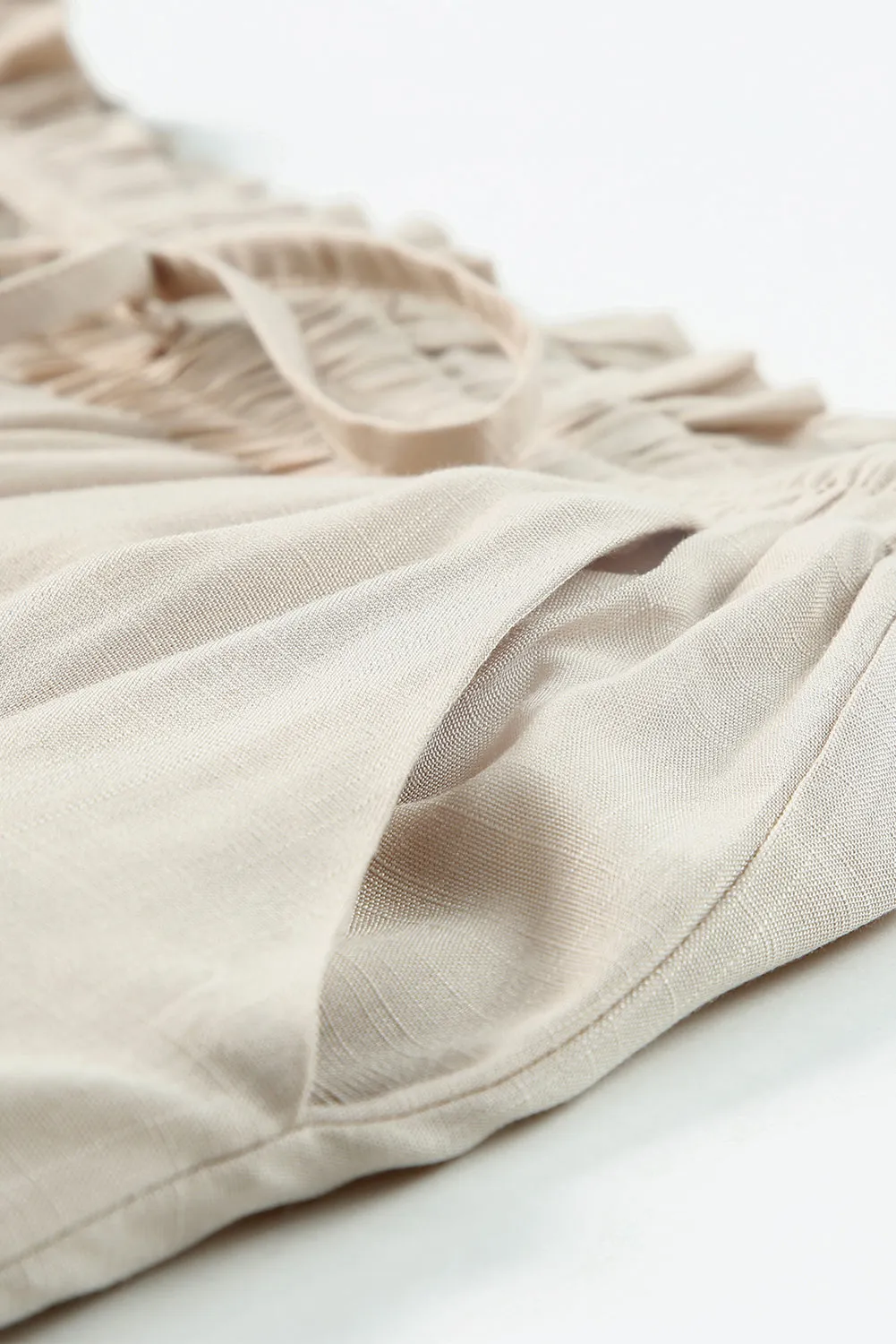 Beige Wide Leg Drawstring Smocked High Waist Pants