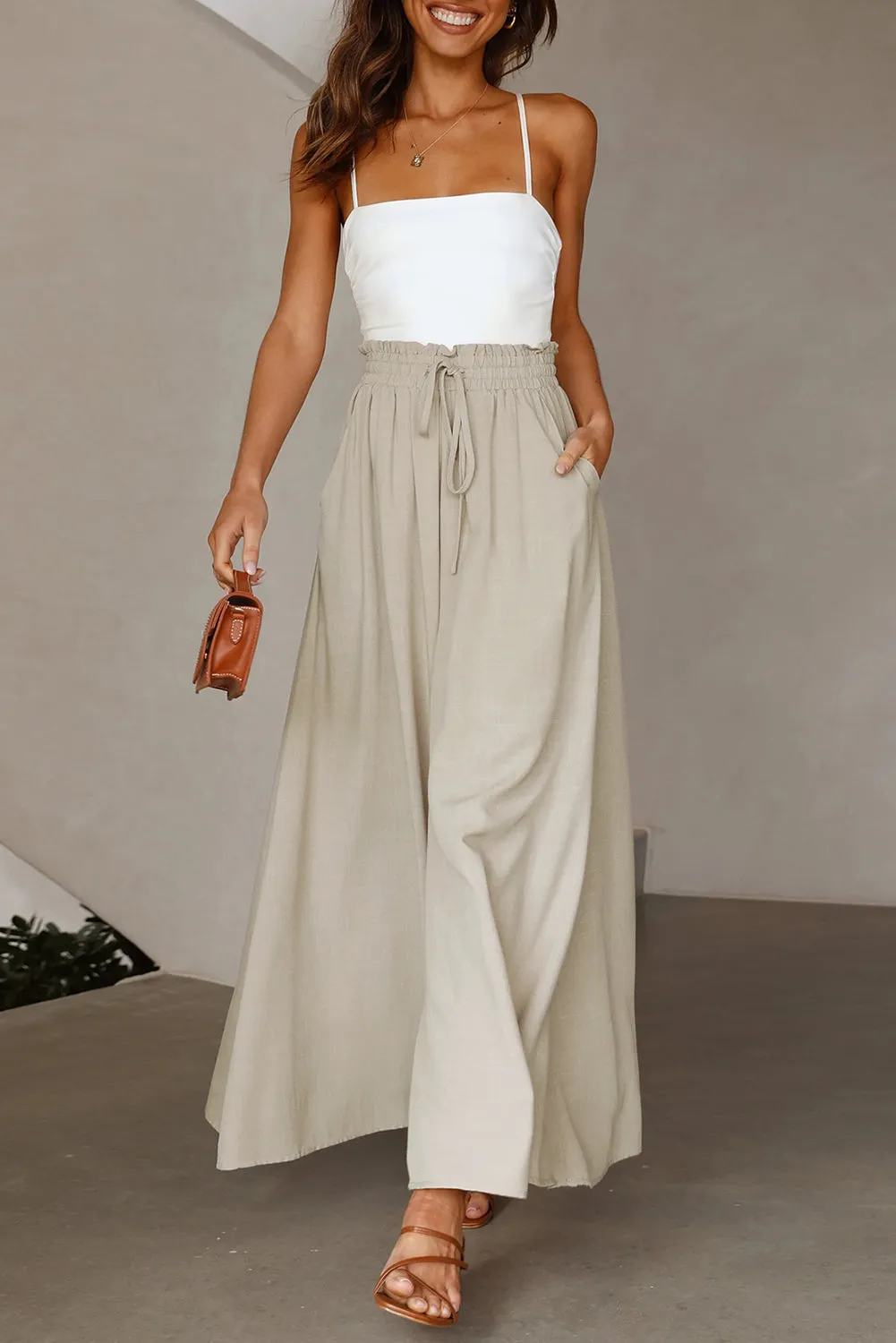 Beige Wide Leg Drawstring Smocked High Waist Pants