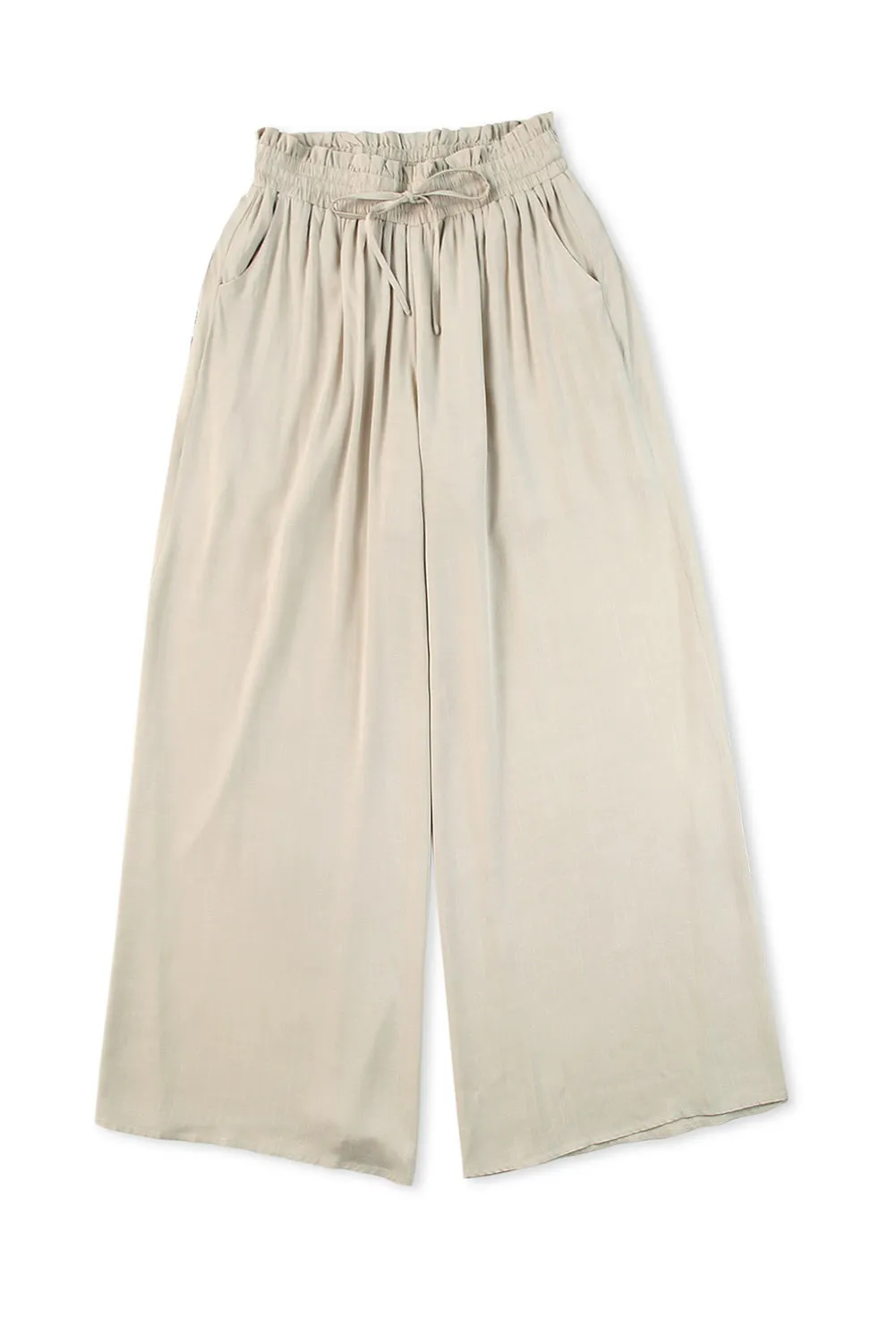 Beige Wide Leg Drawstring Smocked High Waist Pants