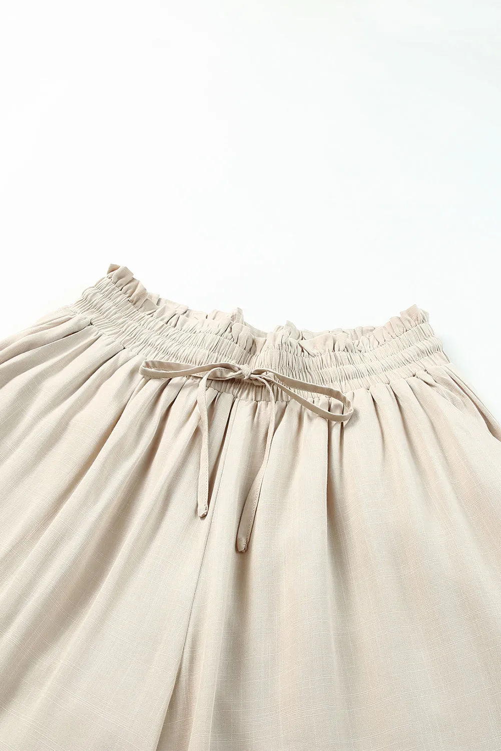 Beige Wide Leg Drawstring Smocked High Waist Pants