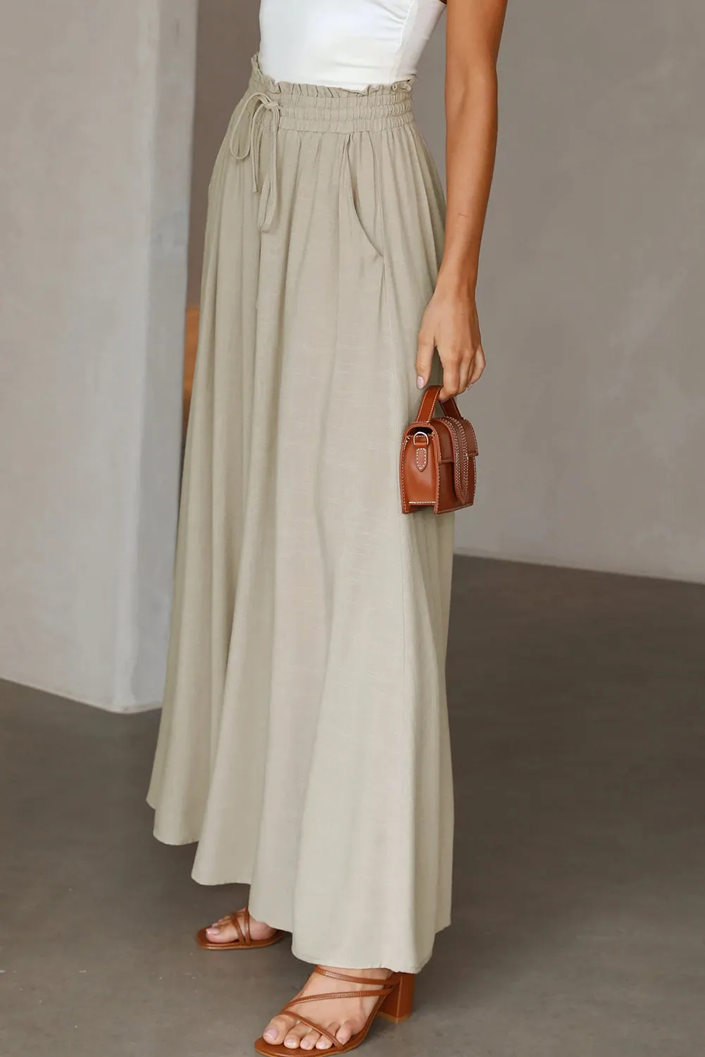 Beige Wide Leg Drawstring Smocked High Waist Pants