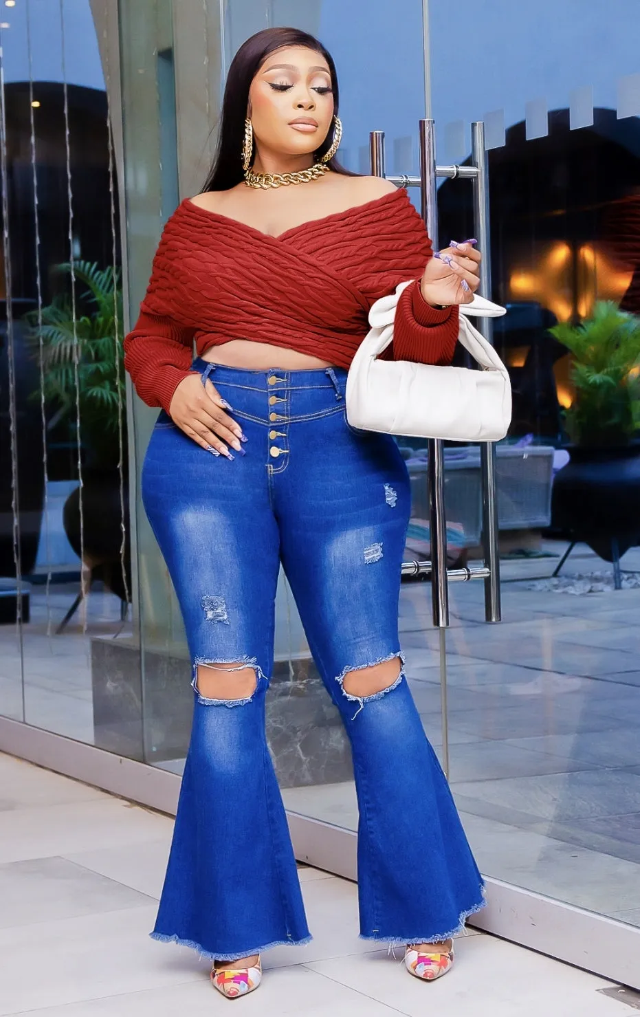 Belle Beauty- Ripped bell bottom DENIM PANTS (New)