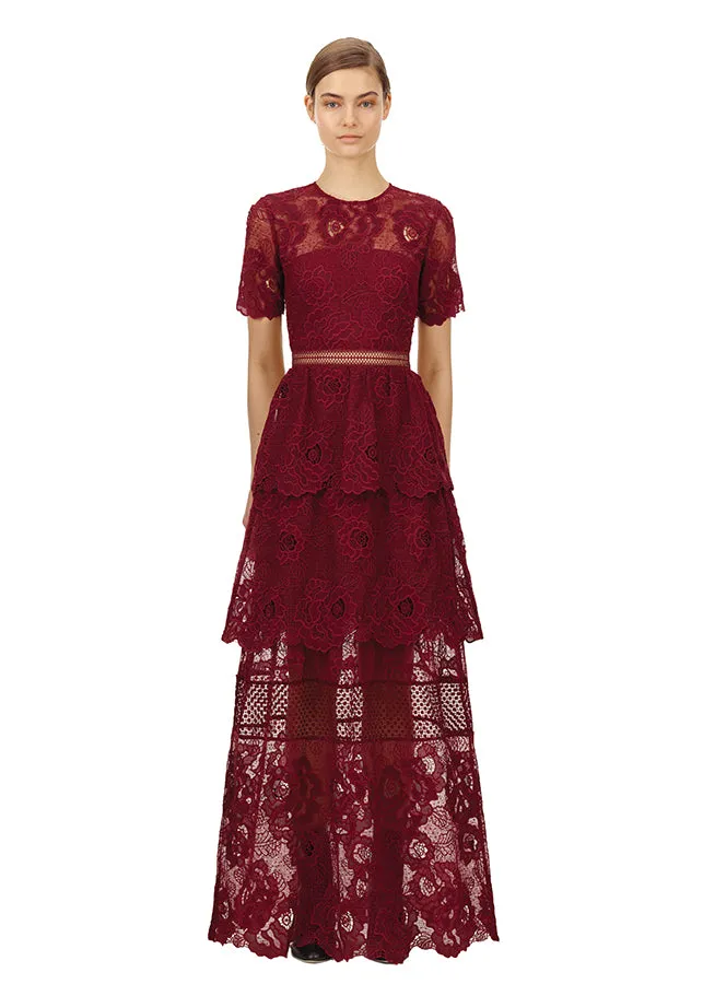 Berry Lace Guipure Tiered Maxi Dress (Berry)