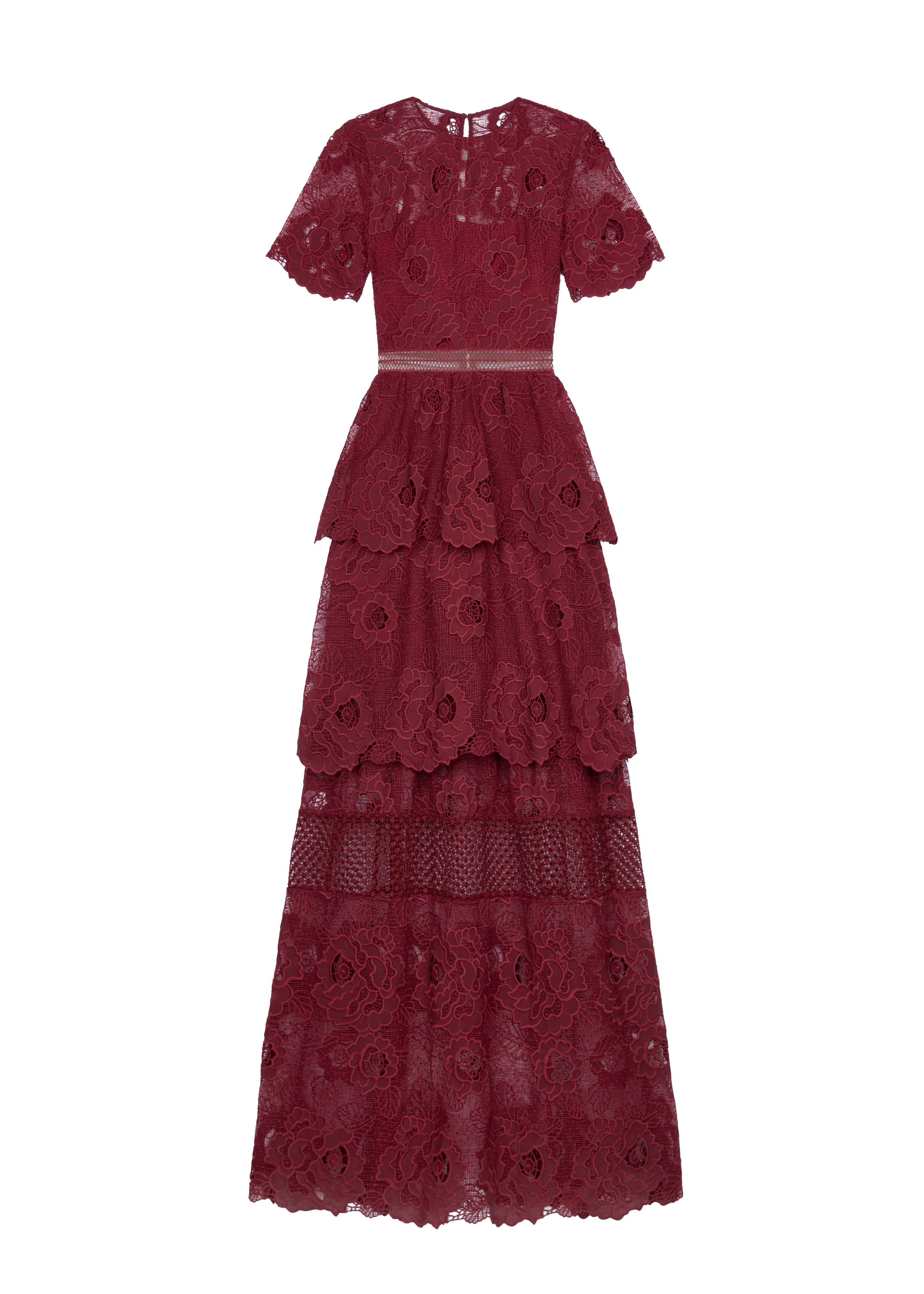 Berry Lace Guipure Tiered Maxi Dress (Berry)