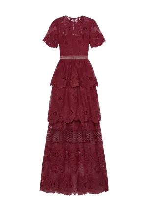 Berry Lace Guipure Tiered Maxi Dress (Berry)