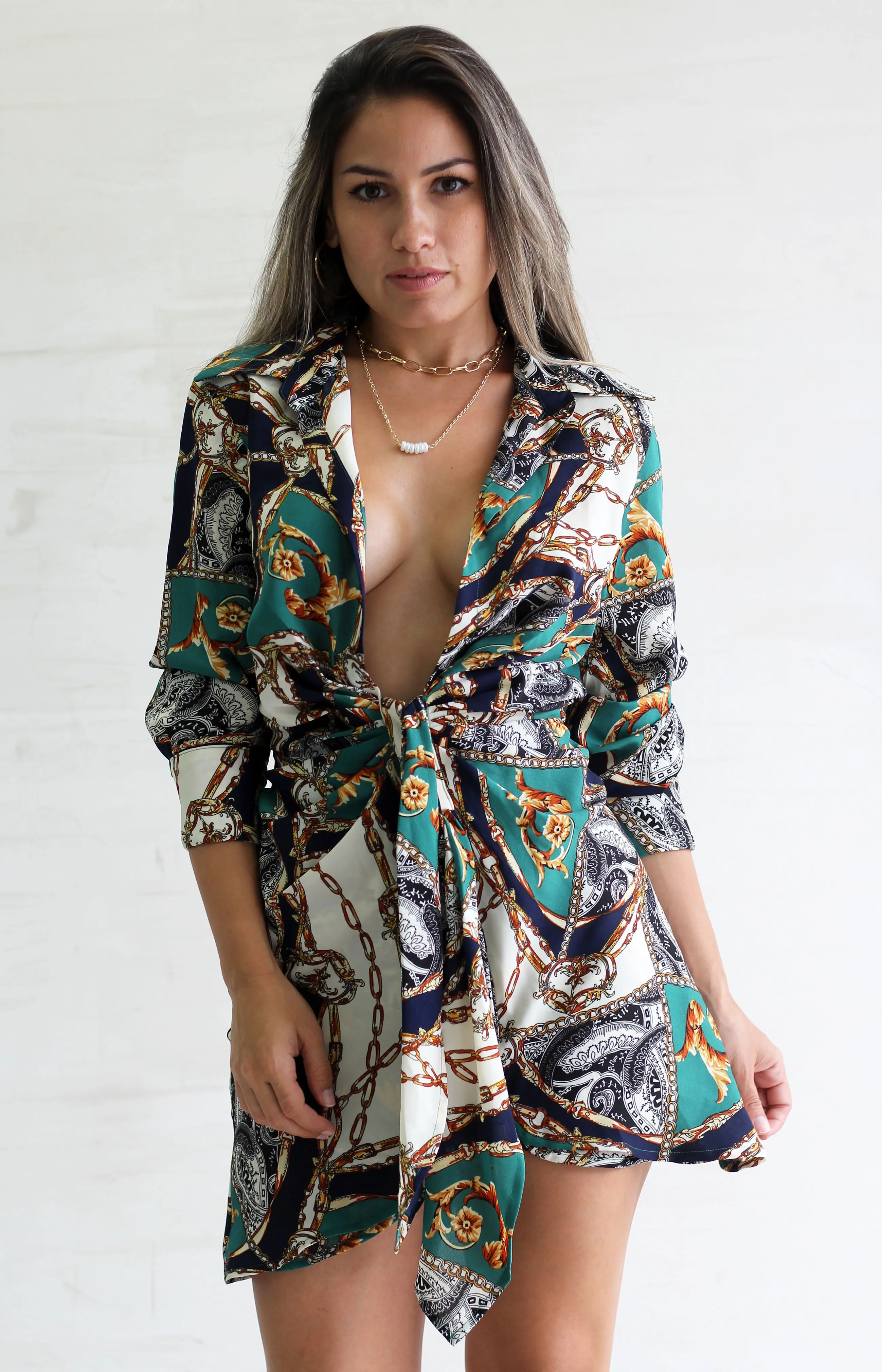 Between You and I Navy Chain Print Tie Mini Dress