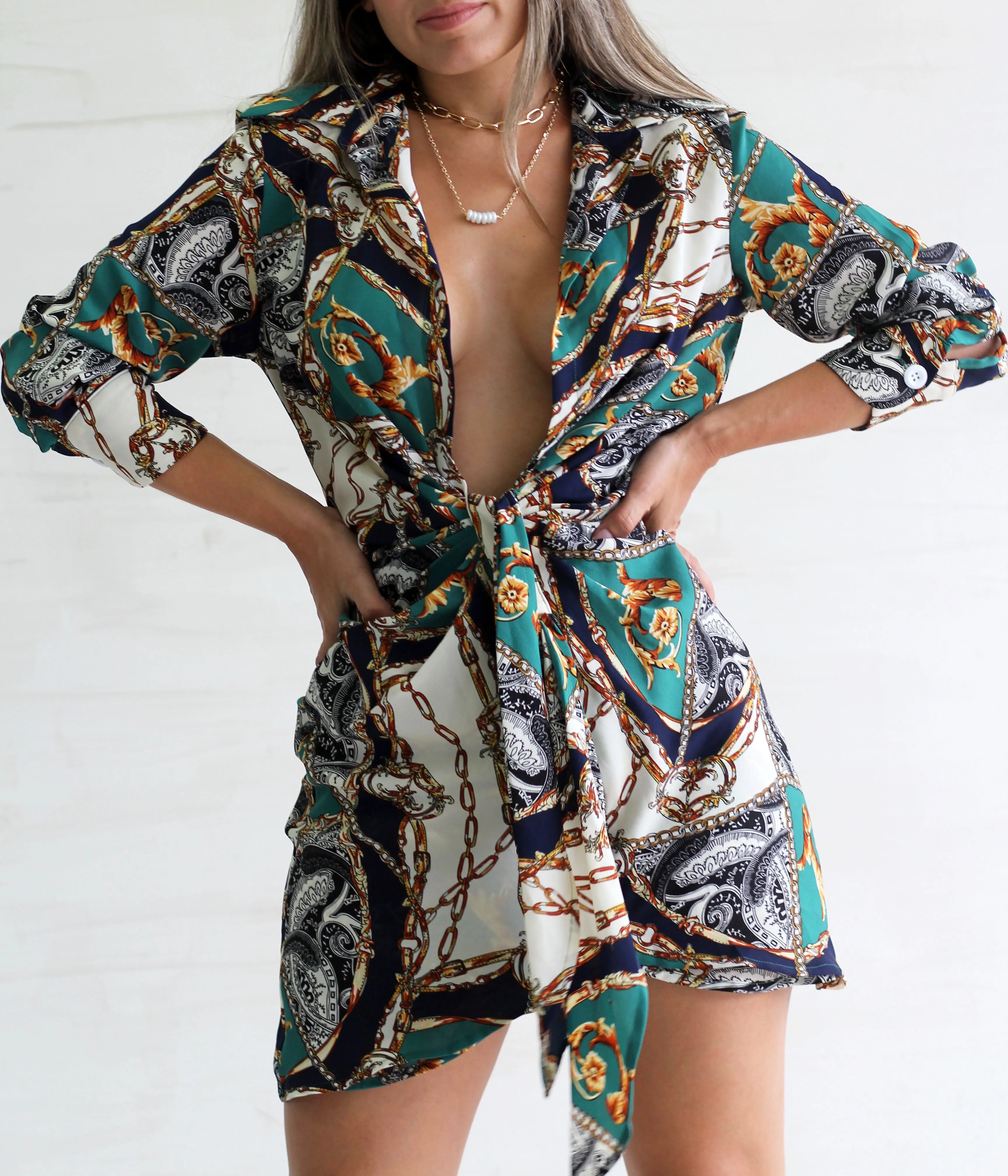 Between You and I Navy Chain Print Tie Mini Dress