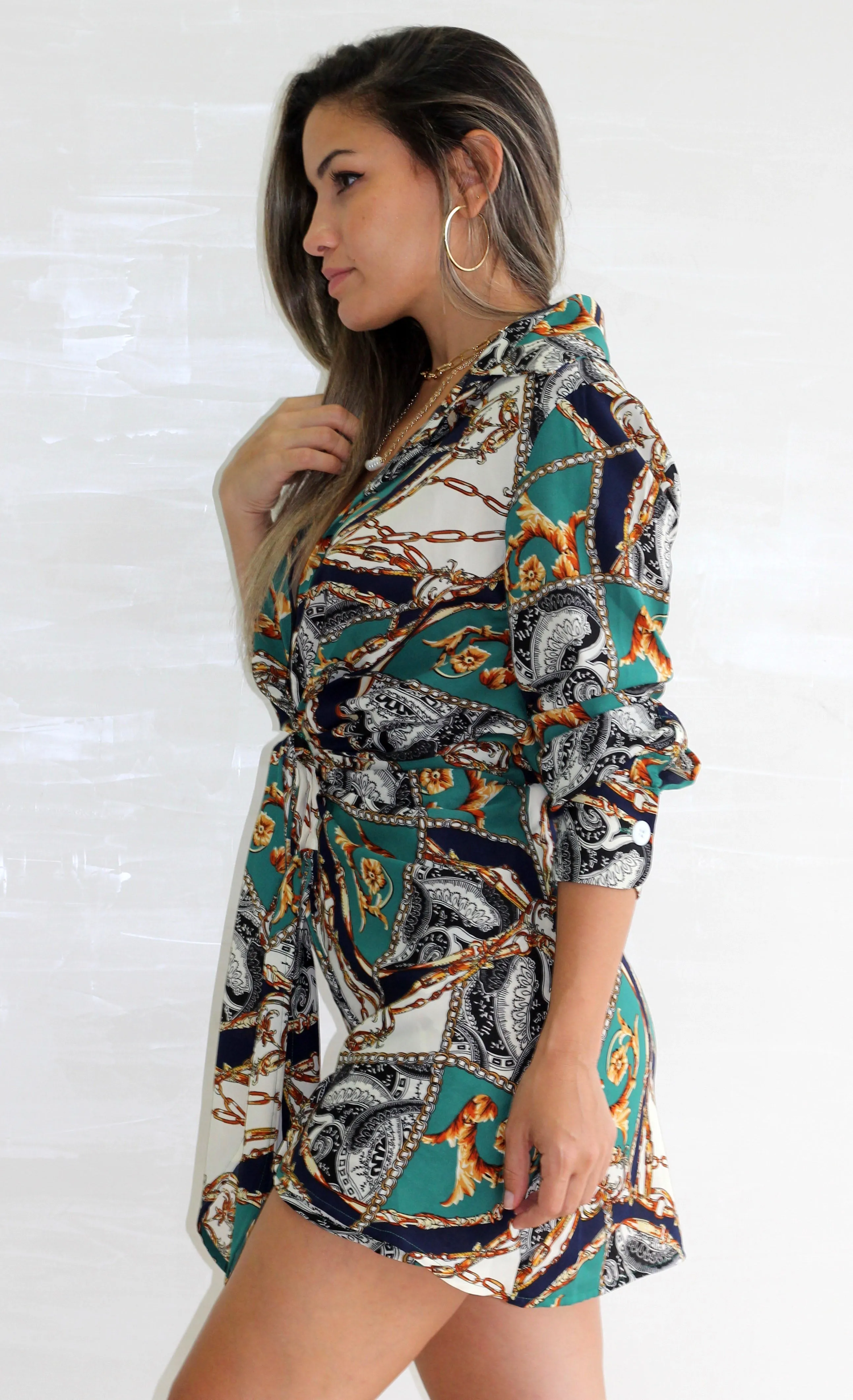 Between You and I Navy Chain Print Tie Mini Dress