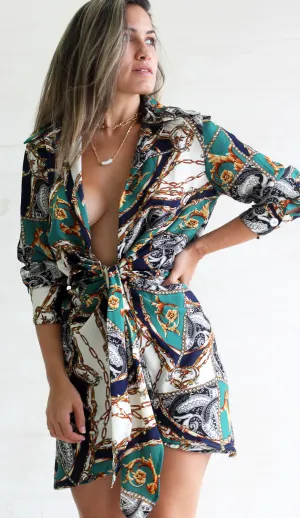 Between You and I Navy Chain Print Tie Mini Dress