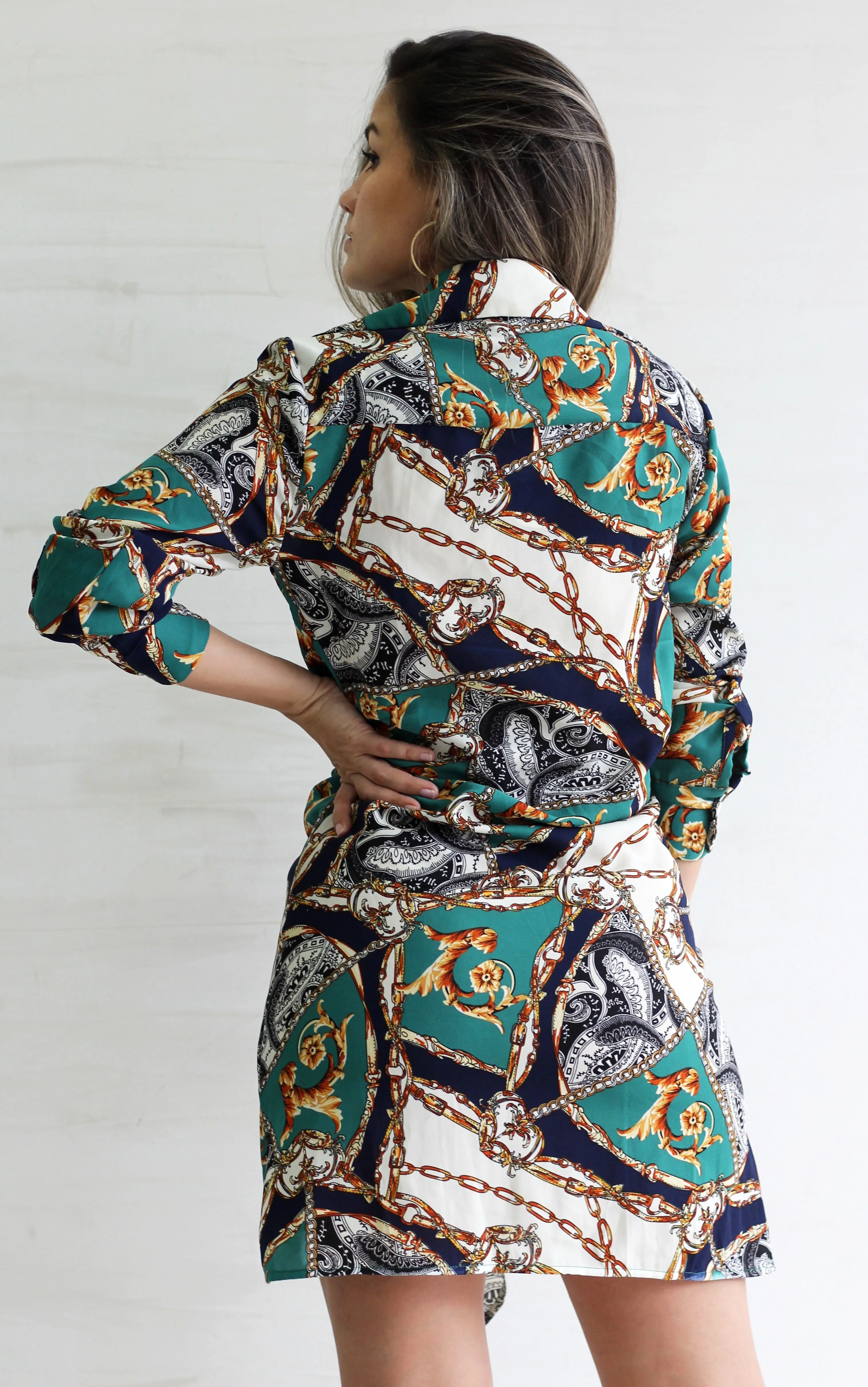Between You and I Navy Chain Print Tie Mini Dress