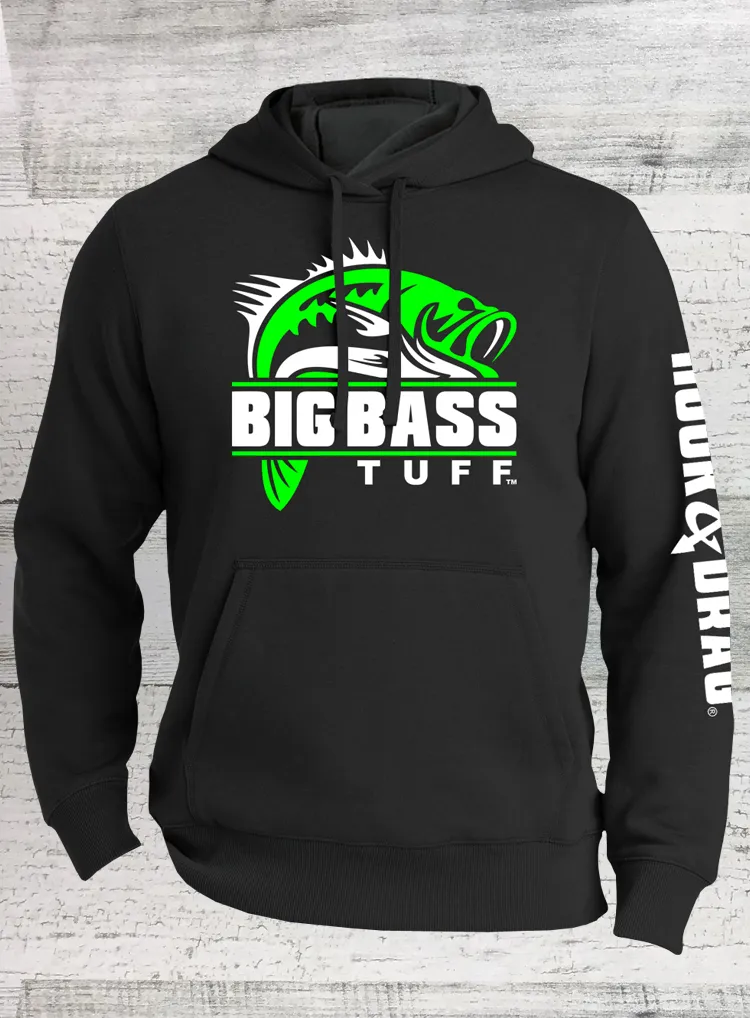 Big Bass Tuff - Bass Fishing Hoodie - Cotton Blend - Black Pullover Hooded Sweatshirt