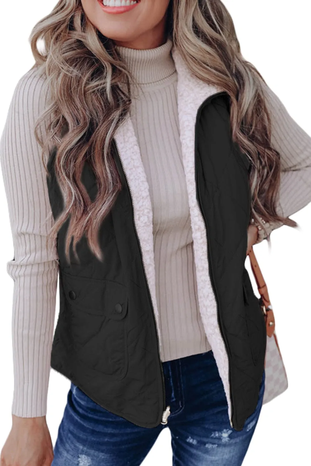 Black and Gray Fleece Lined Quilted Zip up Women's Vest Coat