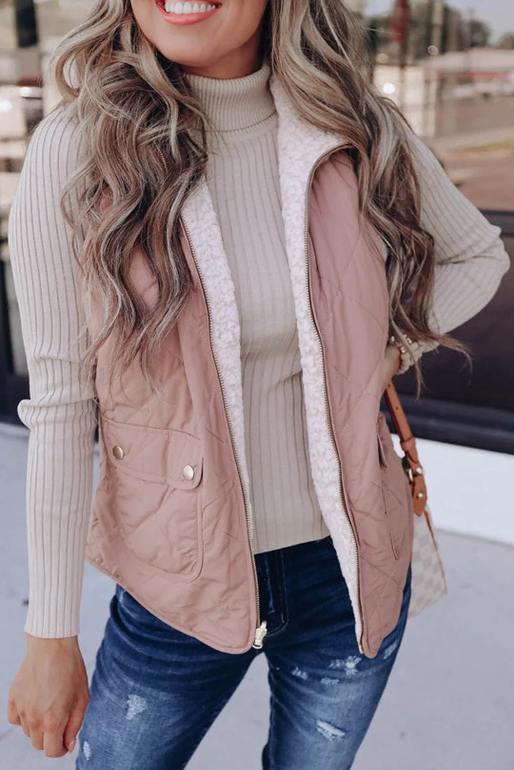 Black and Gray Fleece Lined Quilted Zip up Women's Vest Coat