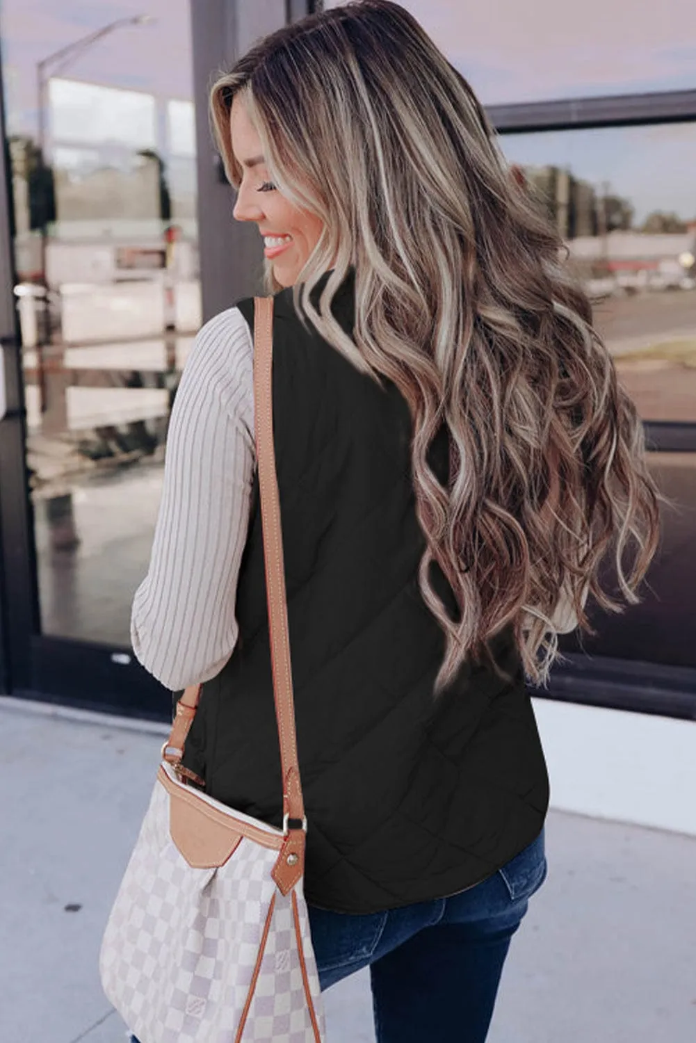 Black and Gray Fleece Lined Quilted Zip up Women's Vest Coat