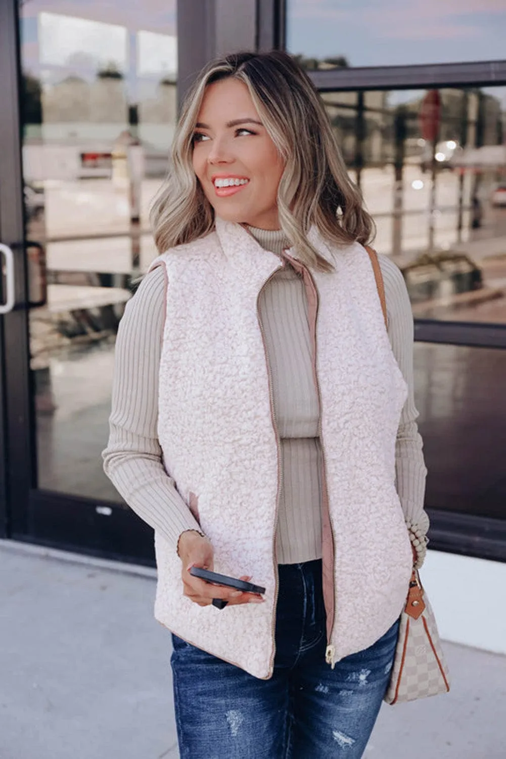 Black and Gray Fleece Lined Quilted Zip up Women's Vest Coat