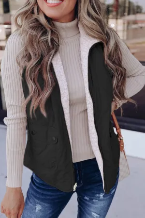Black and Gray Fleece Lined Quilted Zip up Women's Vest Coat