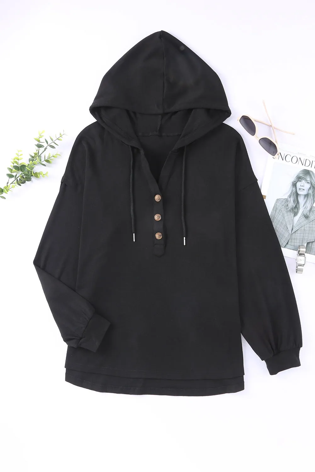 Black Buttoned High and Low Hem Hoodie