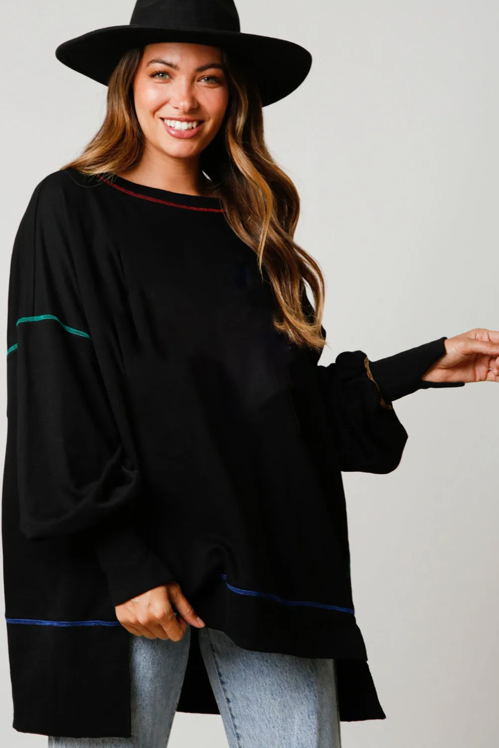 Black Contrast Stitching Split Baggy Sweatshirt