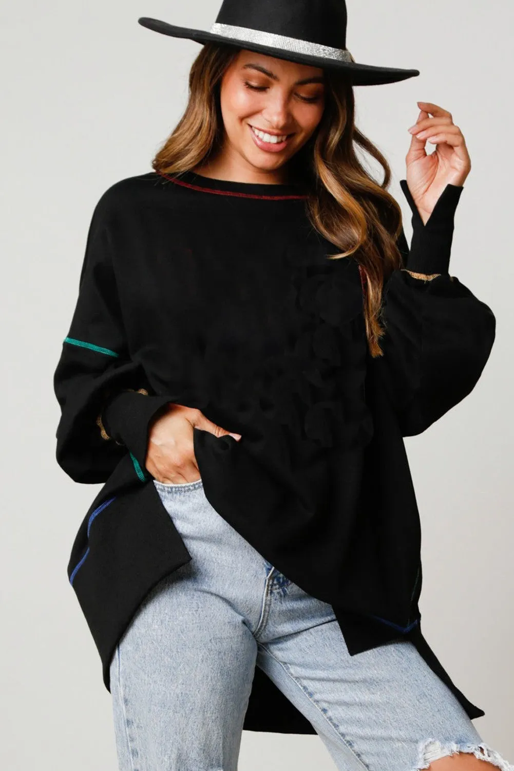 Black Contrast Stitching Split Baggy Sweatshirt