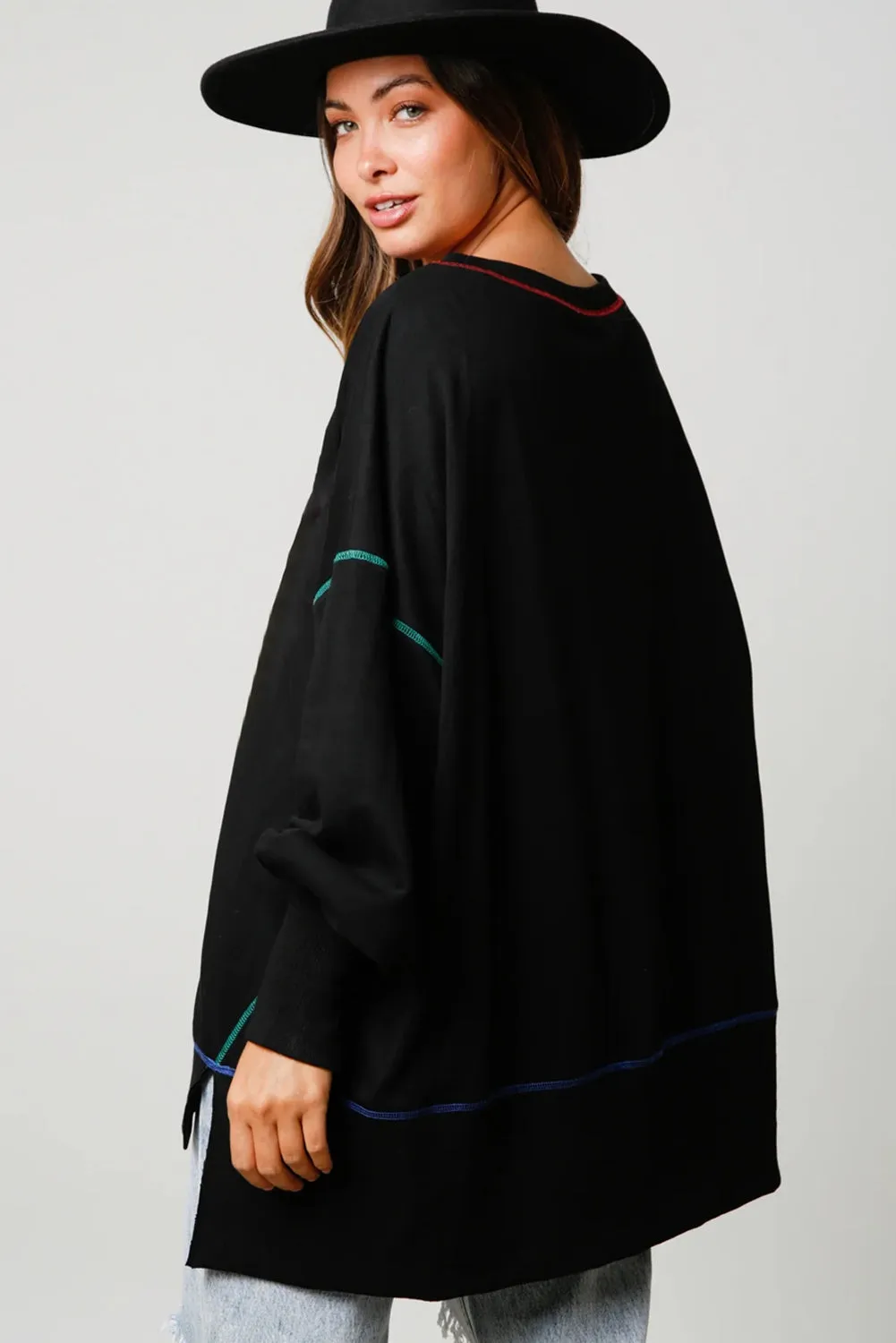Black Contrast Stitching Split Baggy Sweatshirt