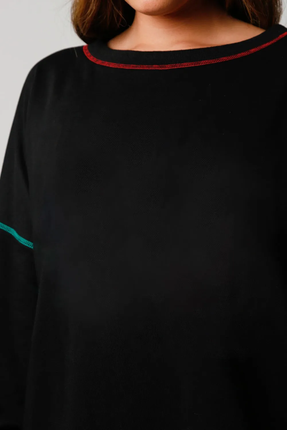 Black Contrast Stitching Split Baggy Sweatshirt