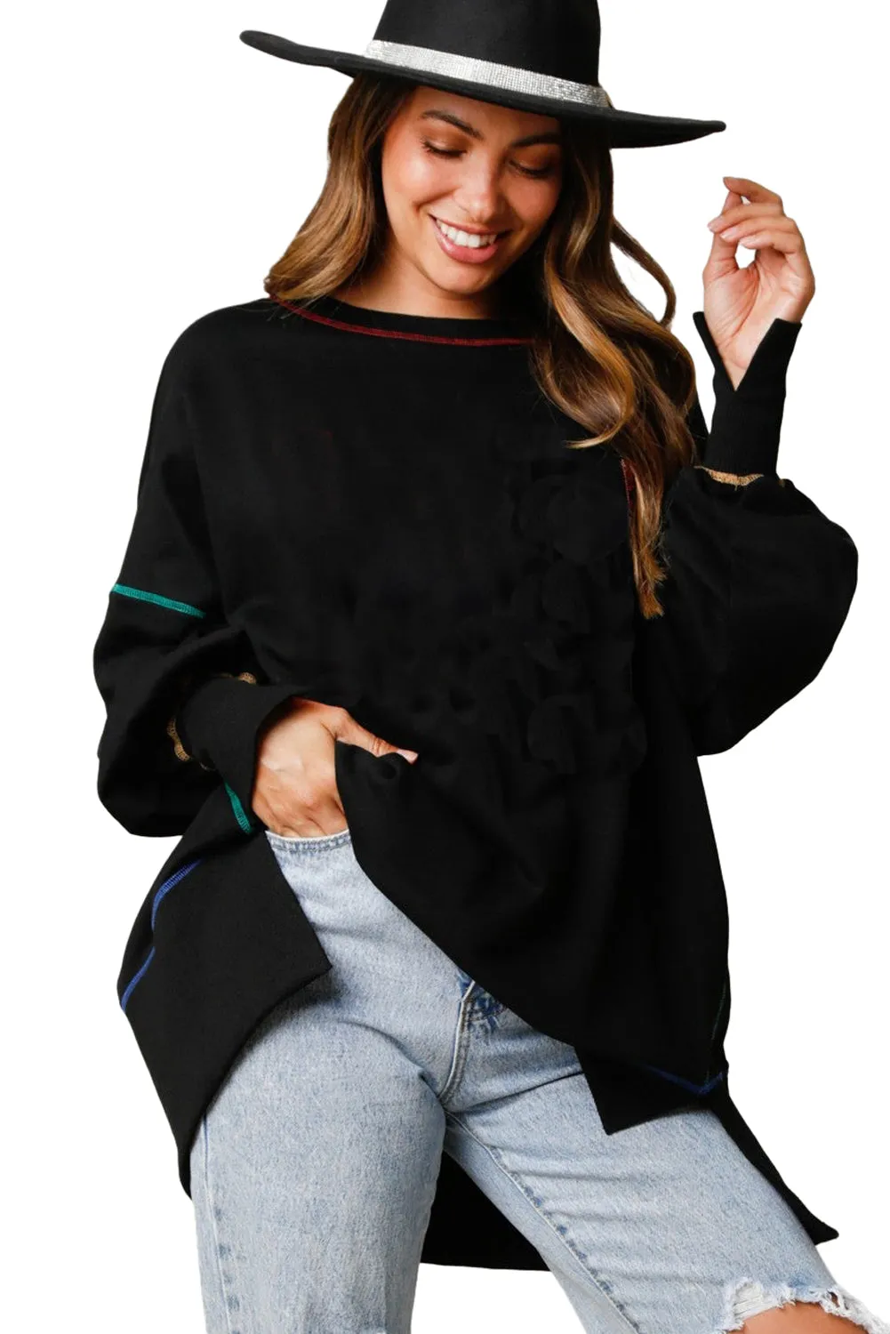 Black Contrast Stitching Split Baggy Sweatshirt